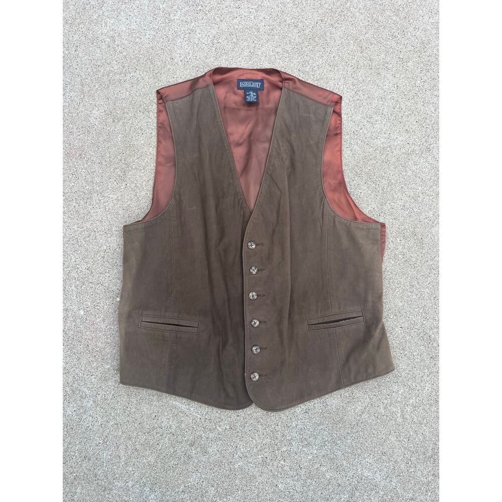 Vintage Lands' End Leather Vest Men Large Brown Western 90s Grunge Cowboy Boho